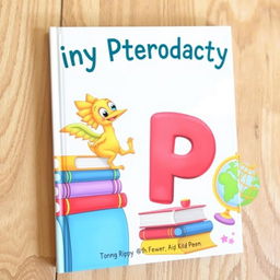 A charming book cover for 'Tiny Pterodactyl' featuring a small, cartoon-style pterodactyl with big, expressive eyes and vividly colored feathers
