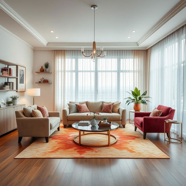 An elegant interior decoration setting featuring a cozy living room with a plush, oversized sofa, accent chairs, and a coffee table artfully arranged on a vibrant area rug