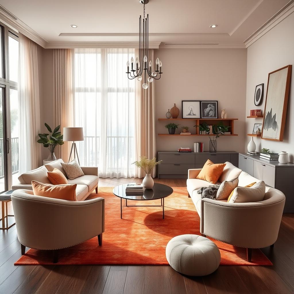 An elegant interior decoration setting featuring a cozy living room with a plush, oversized sofa, accent chairs, and a coffee table artfully arranged on a vibrant area rug