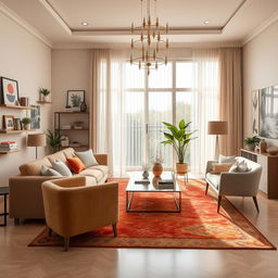 An elegant interior decoration setting featuring a cozy living room with a plush, oversized sofa, accent chairs, and a coffee table artfully arranged on a vibrant area rug