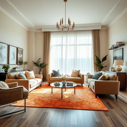 An elegant interior decoration setting featuring a cozy living room with a plush, oversized sofa, accent chairs, and a coffee table artfully arranged on a vibrant area rug