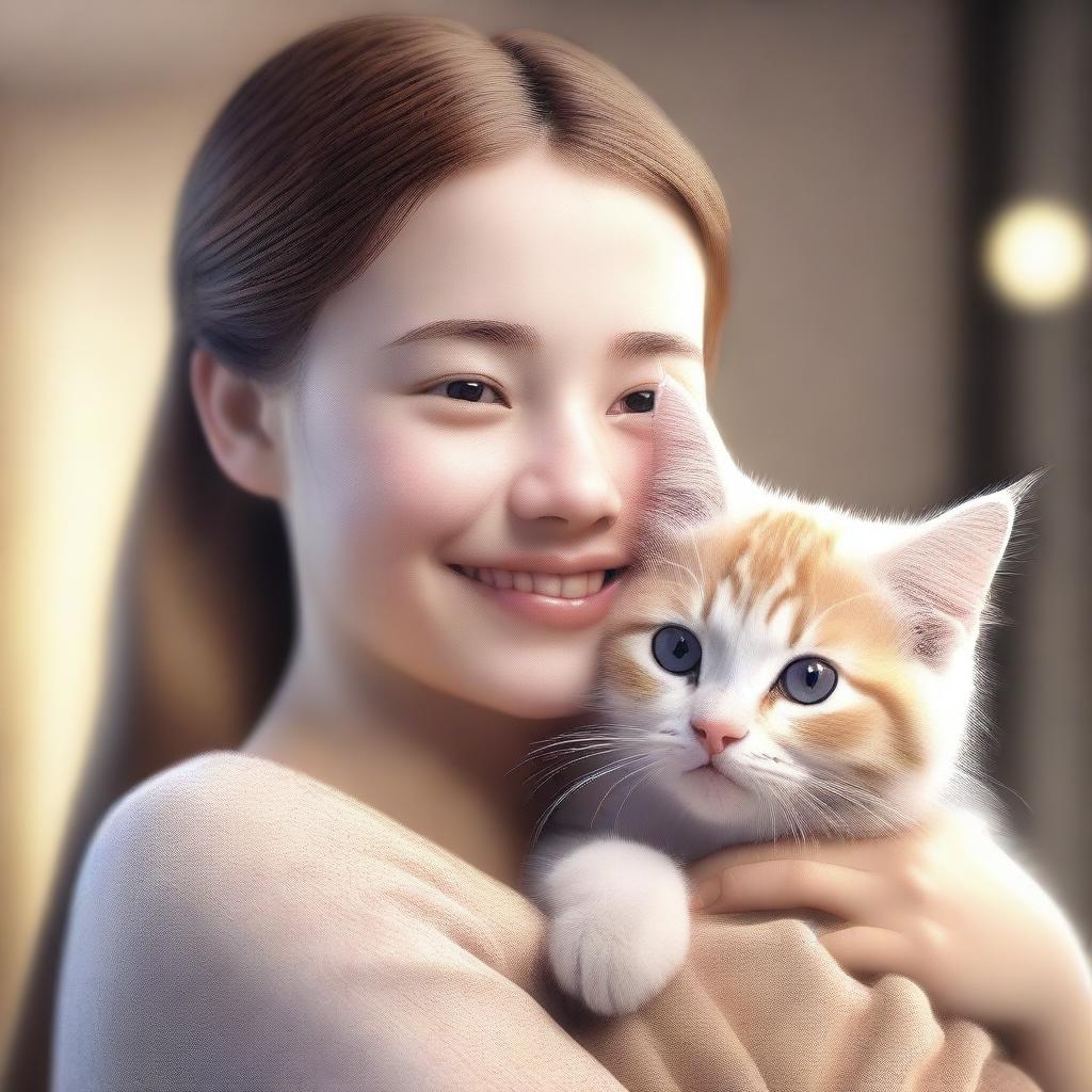 3D realistic rendering of a girl with a gentle smile, lovingly cuddling a fluffy, purring kitten