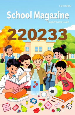 A vibrant and colorful design for a school magazine cover, featuring a diverse group of enthusiastic students engaged in various activities like reading, experimenting in a science lab, and playing sports