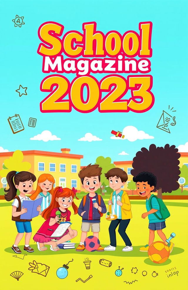 A vibrant and colorful design for a school magazine cover, featuring a diverse group of enthusiastic students engaged in various activities like reading, experimenting in a science lab, and playing sports