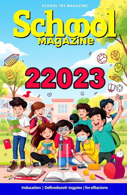 A vibrant and colorful design for a school magazine cover, featuring a diverse group of enthusiastic students engaged in various activities like reading, experimenting in a science lab, and playing sports
