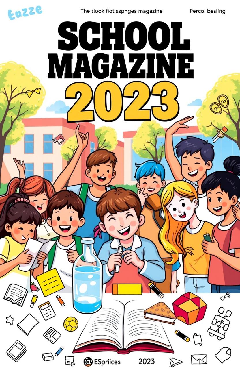 A vibrant and colorful design for a school magazine cover, featuring a diverse group of enthusiastic students engaged in various activities like reading, experimenting in a science lab, and playing sports