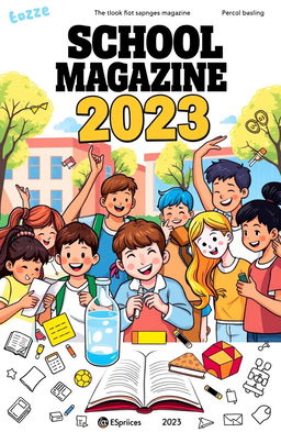 A vibrant and colorful design for a school magazine cover, featuring a diverse group of enthusiastic students engaged in various activities like reading, experimenting in a science lab, and playing sports