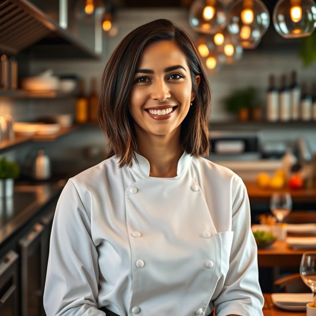 A portrait of Flávia, a 38-year-old passionate chef with a warm smile, exuding charm and charisma