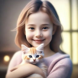 3D realistic rendering of a girl with a gentle smile, lovingly cuddling a fluffy, purring kitten