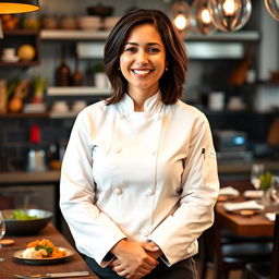 A portrait of Flávia, a 38-year-old passionate chef with a warm smile, exuding charm and charisma