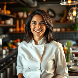A portrait of Flávia, a 38-year-old passionate chef with a warm smile, exuding charm and charisma