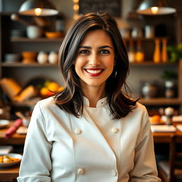 A portrait of Flávia, a 38-year-old passionate chef with a warm smile, exuding charm and charisma