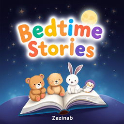 An enchanting eBook cover for a bedtime stories collection aimed at children ages 3 to 8, featuring whimsical illustrations of charming animal characters such as a cuddly bear, a playful rabbit, and a dreamy owl