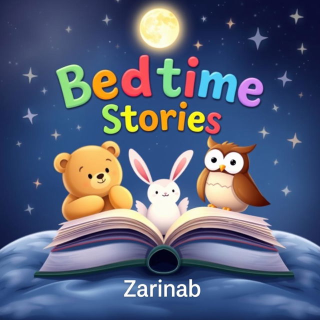 An enchanting eBook cover for a bedtime stories collection aimed at children ages 3 to 8, featuring whimsical illustrations of charming animal characters such as a cuddly bear, a playful rabbit, and a dreamy owl