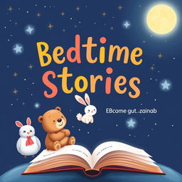 An enchanting eBook cover for a bedtime stories collection aimed at children ages 3 to 8, featuring whimsical illustrations of charming animal characters such as a cuddly bear, a playful rabbit, and a dreamy owl