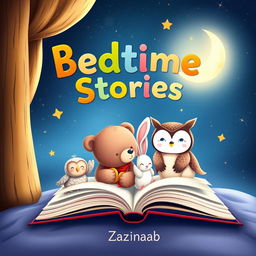 An enchanting eBook cover for a bedtime stories collection aimed at children ages 3 to 8, featuring whimsical illustrations of charming animal characters such as a cuddly bear, a playful rabbit, and a dreamy owl