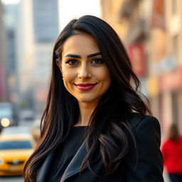 A 39-year-old European woman with long black hair, wearing a stylish outfit, standing confidently in a vibrant city background