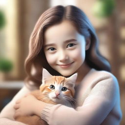 3D realistic rendering of a girl with a gentle smile, lovingly cuddling a fluffy, purring kitten