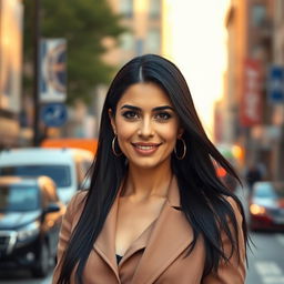 A 39-year-old European woman with long black hair, wearing a stylish outfit, standing confidently in a vibrant city background