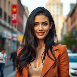 A 39-year-old European woman with long black hair, wearing a stylish outfit, standing confidently in a vibrant city background