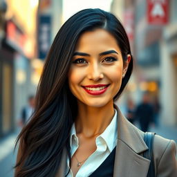 A 39-year-old European woman with long black hair, wearing a stylish outfit, standing confidently in a vibrant city background