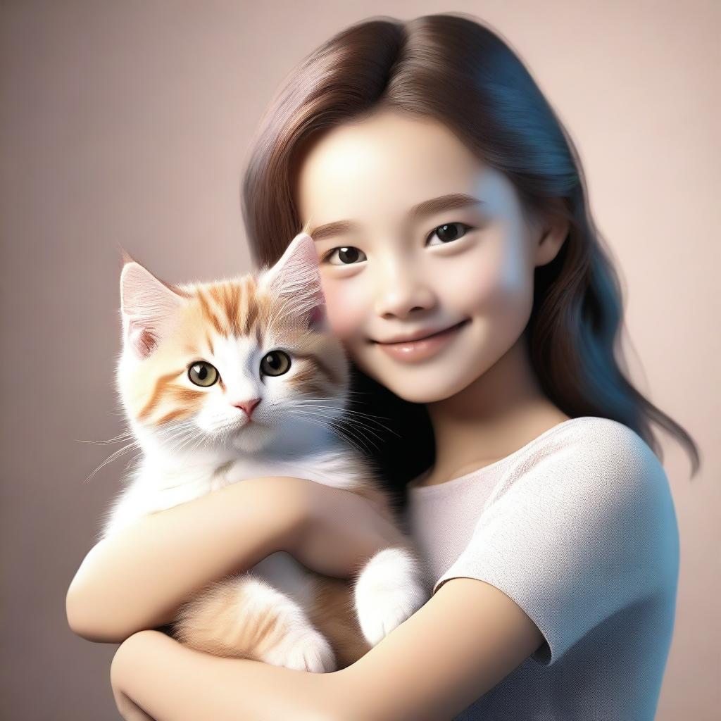 3D realistic rendering of a girl with a gentle smile, lovingly cuddling a fluffy, purring kitten