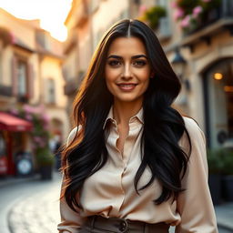 A 39-year-old European woman with long black hair, radiating confidence and elegance