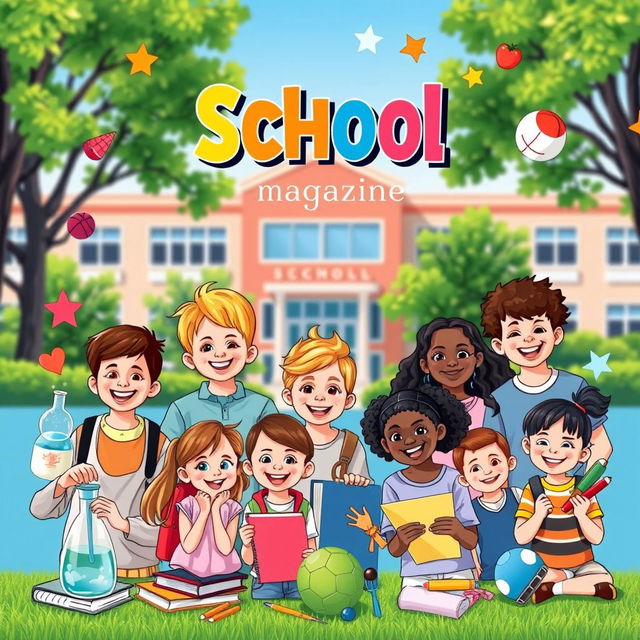 A vibrant and engaging layout for a school magazine cover, featuring a diverse group of happy students participating in various school activities