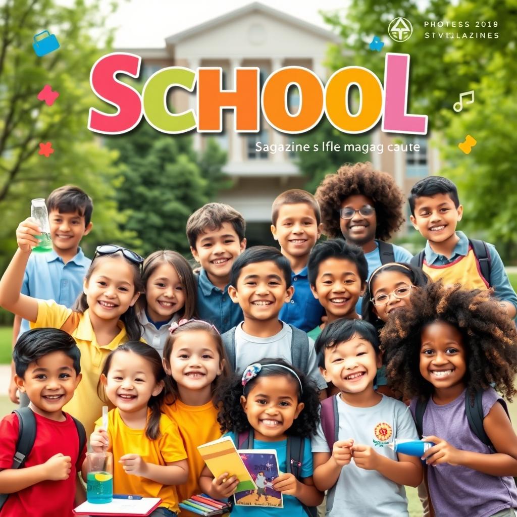 A vibrant and engaging layout for a school magazine cover, featuring a diverse group of happy students participating in various school activities