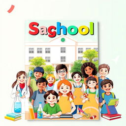 A vibrant and engaging layout for a school magazine cover, featuring a diverse group of happy students participating in various school activities