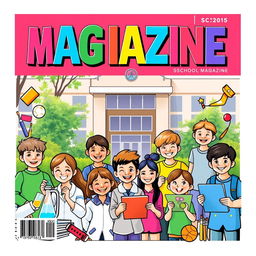 A vibrant and engaging layout for a school magazine cover, featuring a diverse group of happy students participating in various school activities