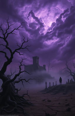 A surreal fantasy landscape depicting a dystopian world