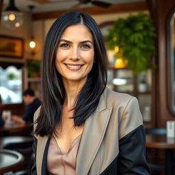 A 39-year-old European woman with sleek black hair, elegantly styled