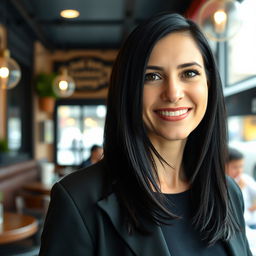 A 39-year-old European woman with sleek black hair, elegantly styled