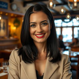 A 39-year-old European woman with sleek black hair, elegantly styled