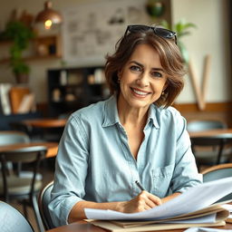 An inspiring portrait of Paula, a 43-year-old passionate architect, deeply focused on intricate details