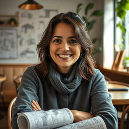 An inspiring portrait of Paula, a 43-year-old passionate architect, deeply focused on intricate details