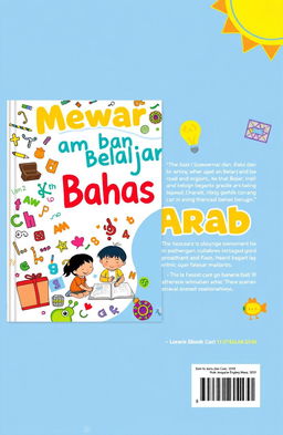A vibrant and engaging book cover design for a title "Mewarnai dan Belajar Bahasa Arab"