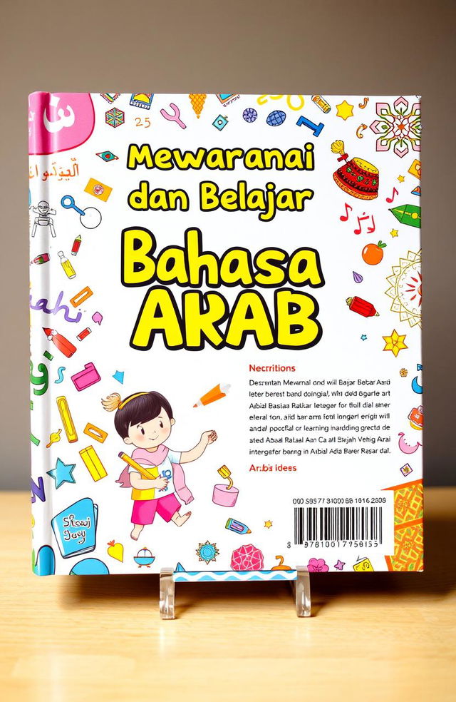 A vibrant and engaging book cover design for a title "Mewarnai dan Belajar Bahasa Arab"