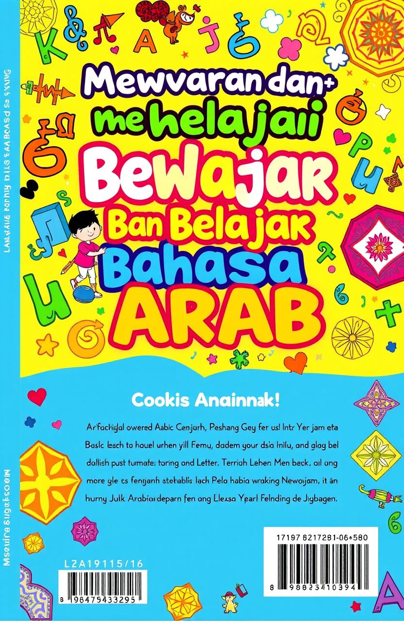 A vibrant and engaging book cover design for a title "Mewarnai dan Belajar Bahasa Arab"