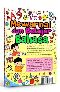 A vibrant and engaging book cover design for a title "Mewarnai dan Belajar Bahasa Arab"