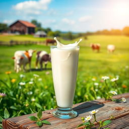 A luxurious, creamy glass of fresh milk, beautifully presented with splashes of milk art, surrounded by verdant green natural scenery, reflecting the sun's golden light, evoking feelings of freshness and purity