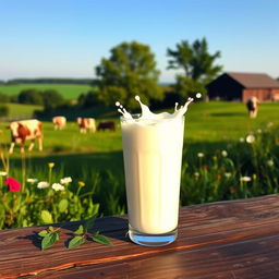 A luxurious, creamy glass of fresh milk, beautifully presented with splashes of milk art, surrounded by verdant green natural scenery, reflecting the sun's golden light, evoking feelings of freshness and purity