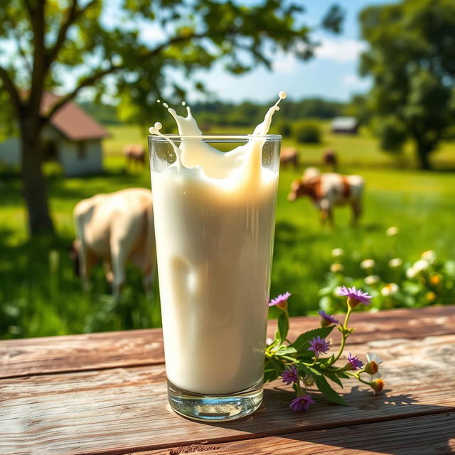 A luxurious, creamy glass of fresh milk, beautifully presented with splashes of milk art, surrounded by verdant green natural scenery, reflecting the sun's golden light, evoking feelings of freshness and purity