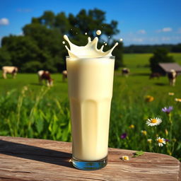 A luxurious, creamy glass of fresh milk, beautifully presented with splashes of milk art, surrounded by verdant green natural scenery, reflecting the sun's golden light, evoking feelings of freshness and purity