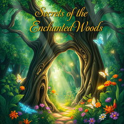An artistic illustration for a book cover featuring a mystical forest filled with vibrant flora and fauna