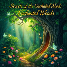 An artistic illustration for a book cover featuring a mystical forest filled with vibrant flora and fauna