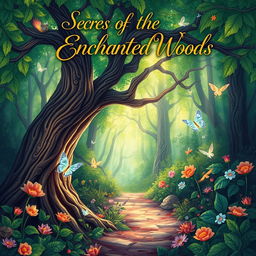 An artistic illustration for a book cover featuring a mystical forest filled with vibrant flora and fauna