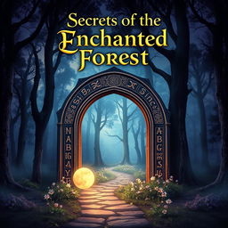 A captivating book cover design featuring a mystical forest landscape at twilight, with dense, towering trees shrouded in ethereal mist