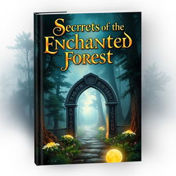 A captivating book cover design featuring a mystical forest landscape at twilight, with dense, towering trees shrouded in ethereal mist